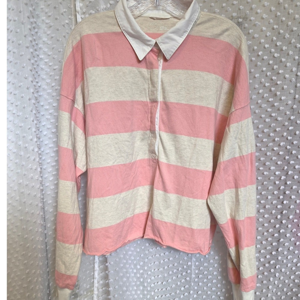 Aerie Pink Cream Striped Rugby Shirt Long Sleeve Contrast Collar Crop Top L